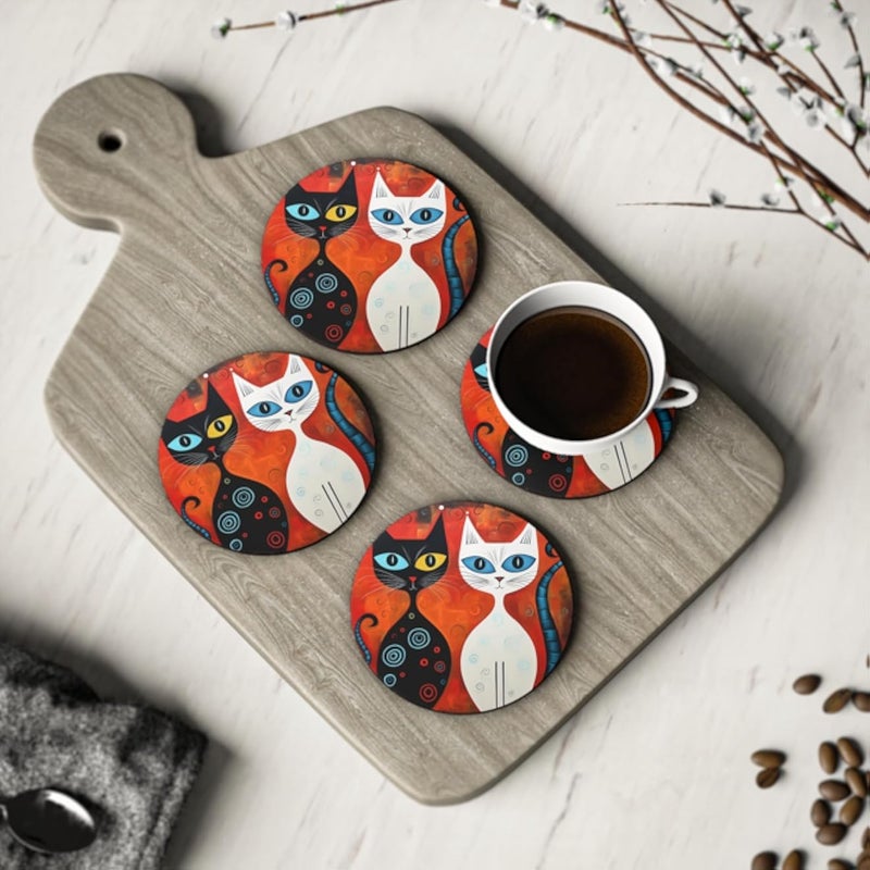 Abstract Cats Coasters - Set of 4 Whimsical Cat Drink Coasters Rubber Coaster Set Heat-Resistant & Durable - Set of 4 - Coaster-5